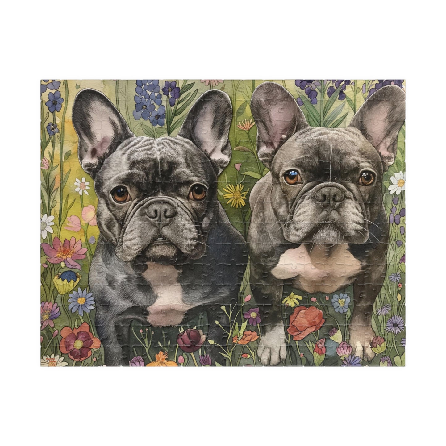 French Bulldog Wildflowers Puzzle — Black & White Dogs in Floral Field (110–1014 pcs)