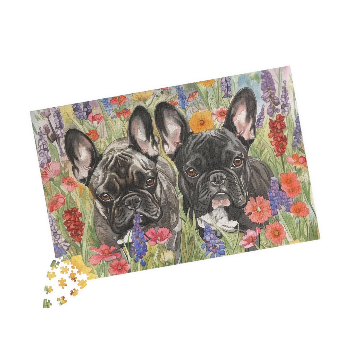 French Bulldog Watercolor Puzzle — Wildflower Field (110–1014 pcs)