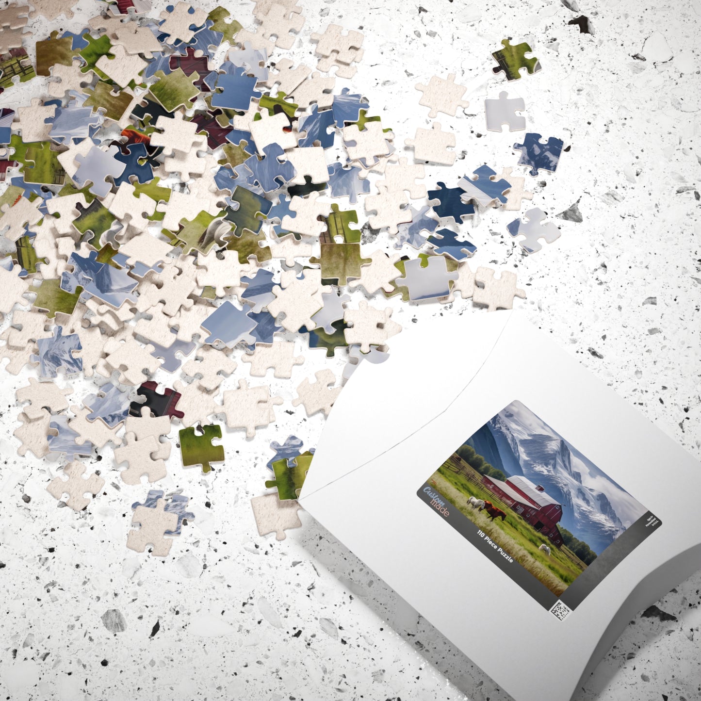 Country Scenic Puzzle — Red Barn, Horses & Mountains (110–1014 Pieces)