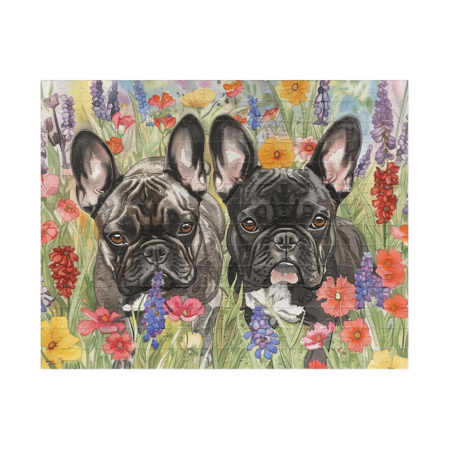French Bulldog Watercolor Puzzle — Wildflower Field (110–1014 pcs)