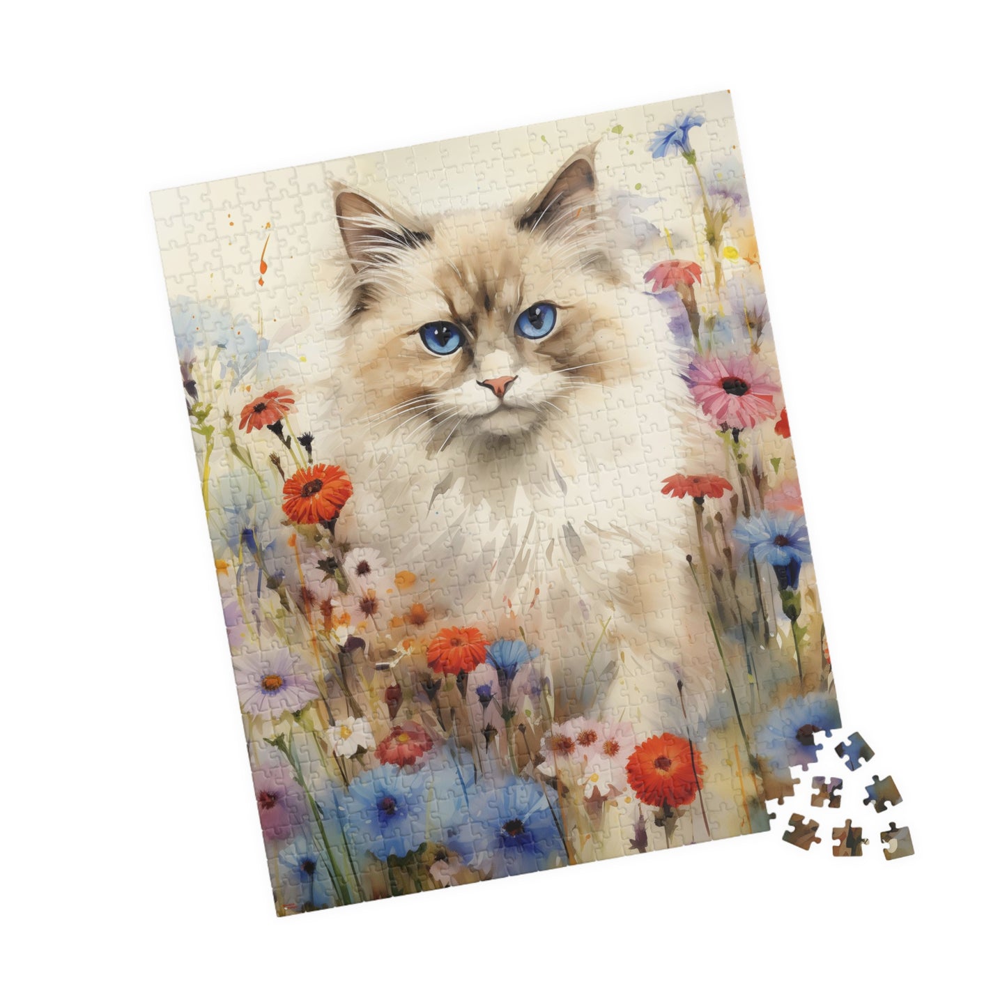Ragdoll Cat in Wildflowers Watercolor Puzzle, 100% Chipboard, 110-1014 Pieces, Glossy Laminated Finish Feline Pussycat Kitten Family Pet Jig Saw Animals Girls Women Lady