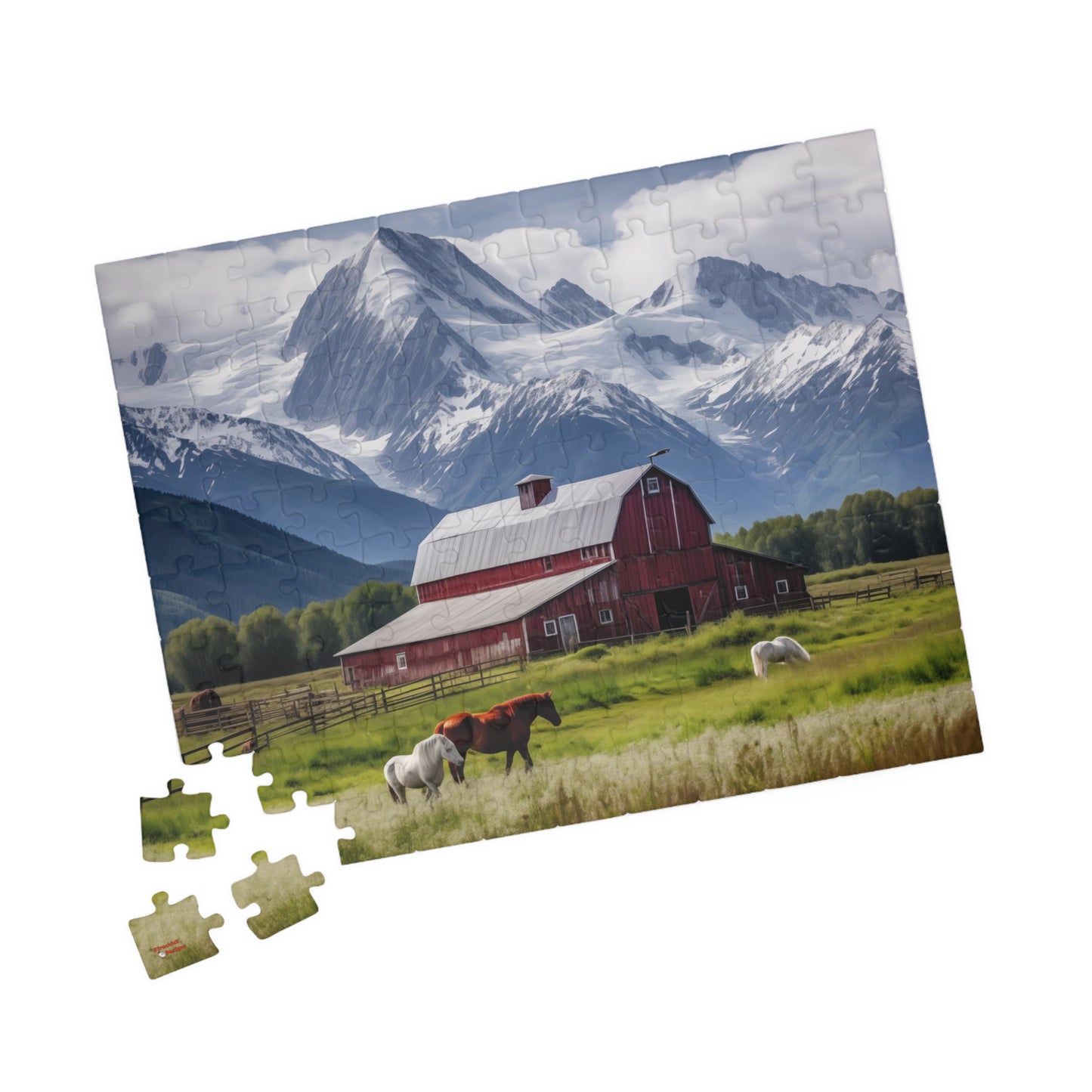 Country Scenic Puzzle — Red Barn, Horses & Mountains (110–1014 Pieces)