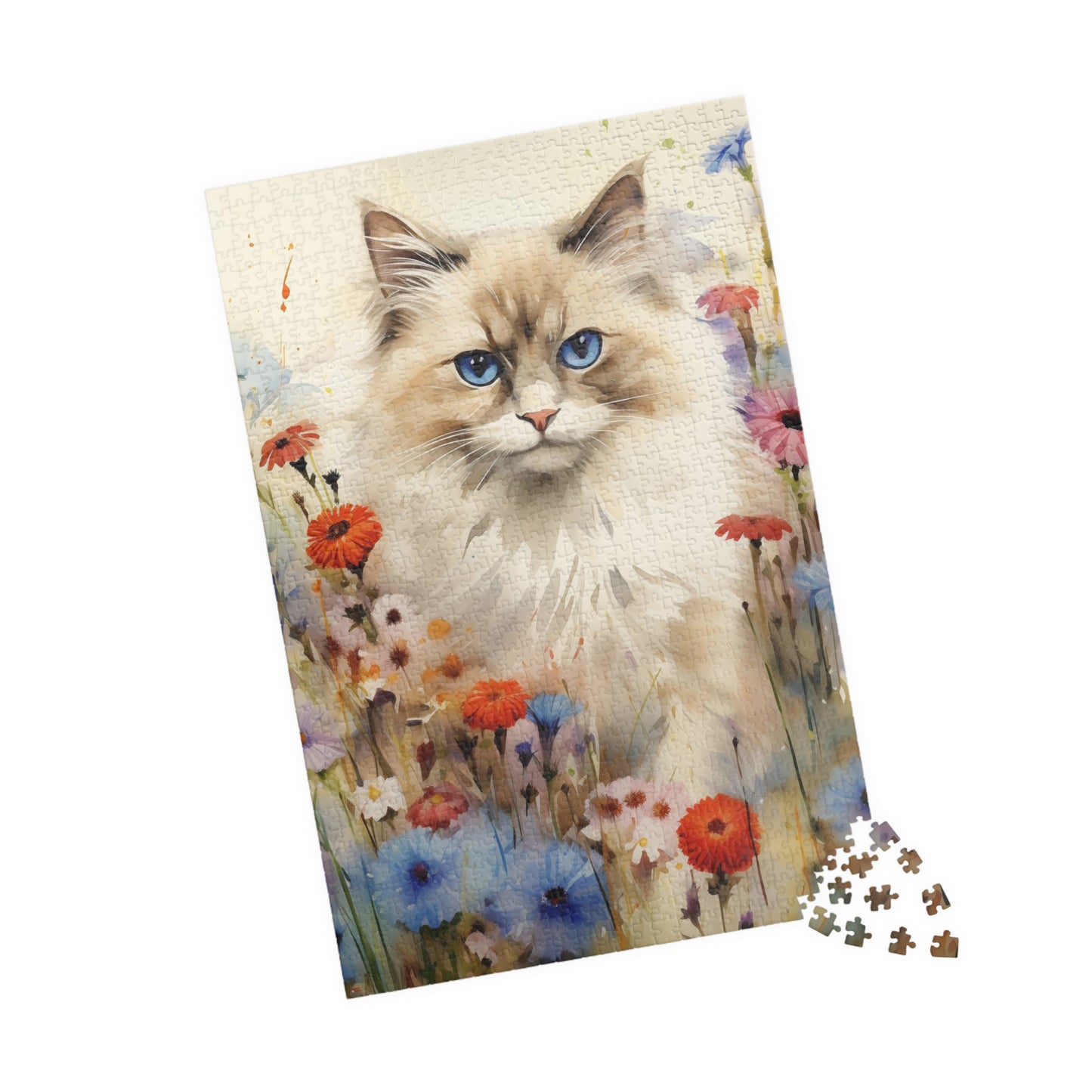 Ragdoll Cat in Wildflowers Watercolor Puzzle, 100% Chipboard, 110-1014 Pieces, Glossy Laminated Finish Feline Pussycat Kitten Family Pet Jig Saw Animals Girls Women Lady