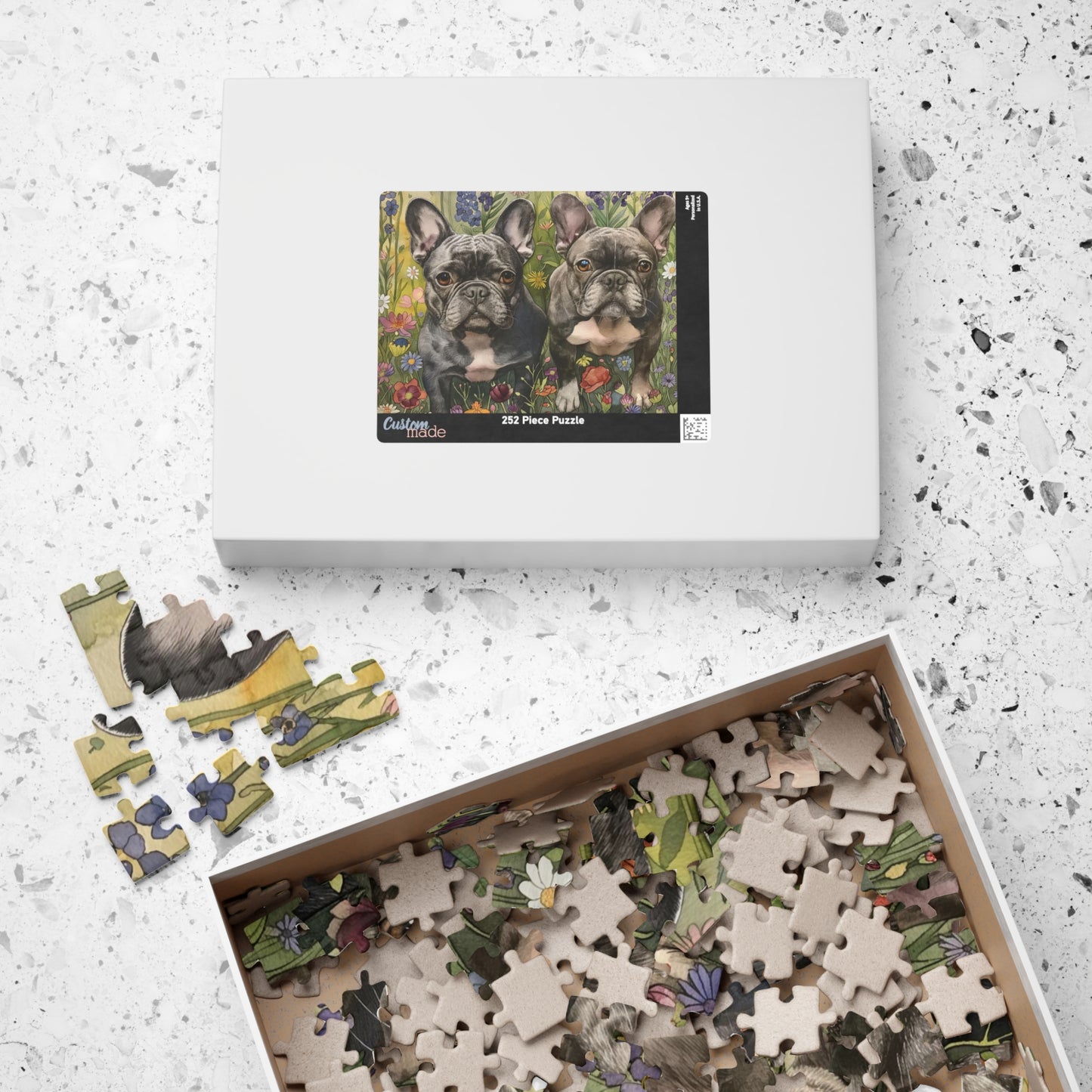 French Bulldog Wildflowers Puzzle — Black & White Dogs in Floral Field (110–1014 pcs)