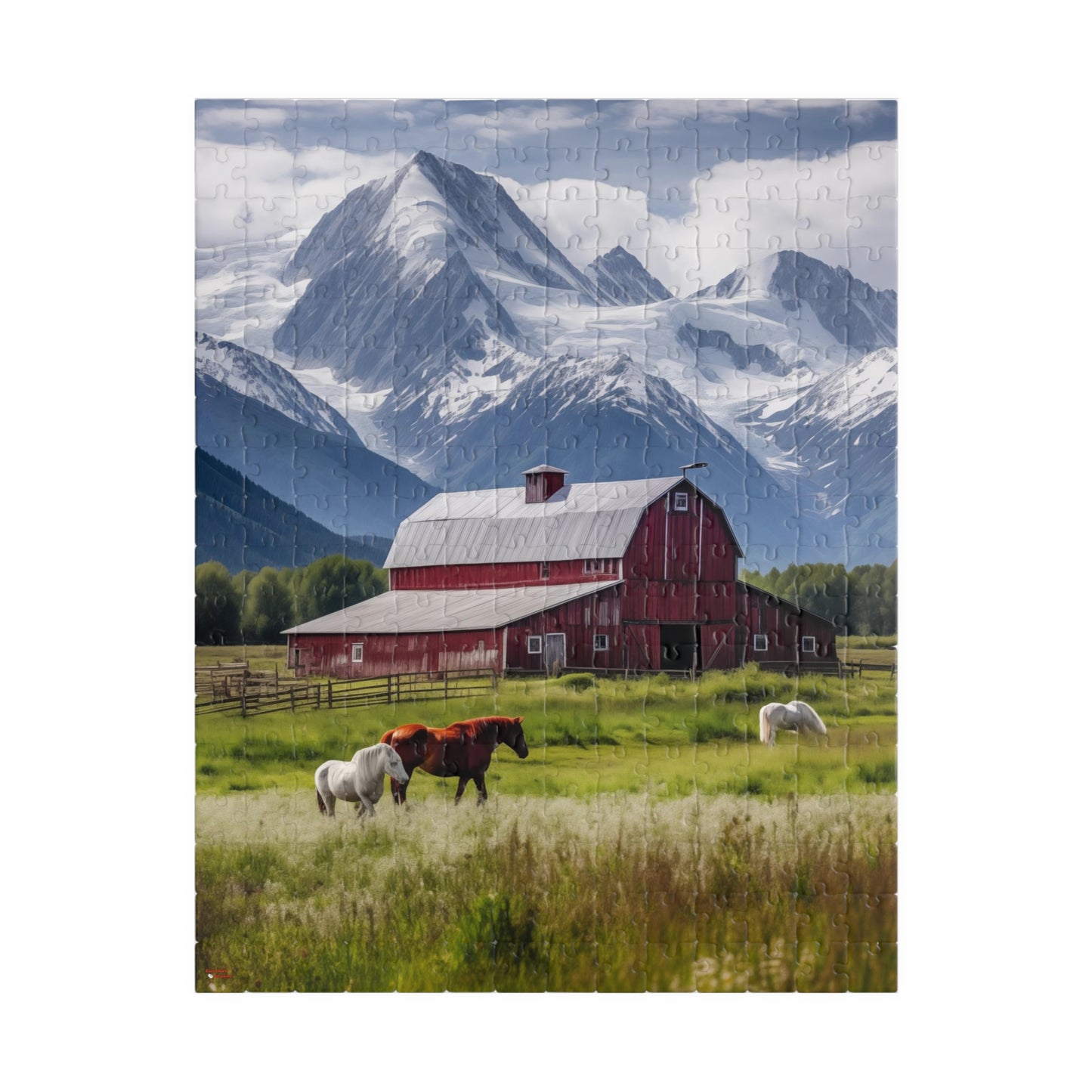 Country Scenic Puzzle — Red Barn, Horses & Mountains (110–1014 Pieces)